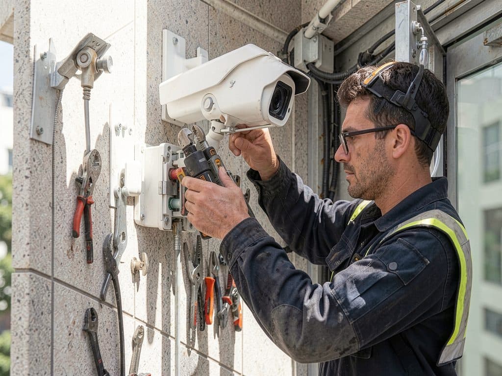 Técnico de Añel Antenas instalando un sistema de videovigilancia en Ourense